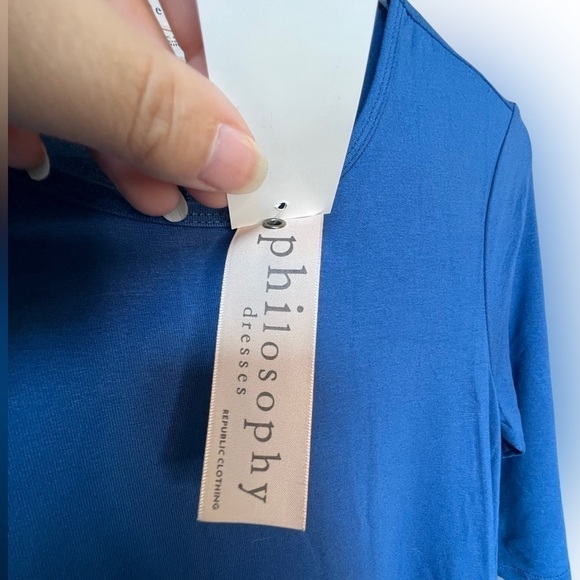 𝅺NWT Philosophy Elbow Sleeve Crew Neck Swing Dress Blue XS with side pockets - Picture 6 of 10
